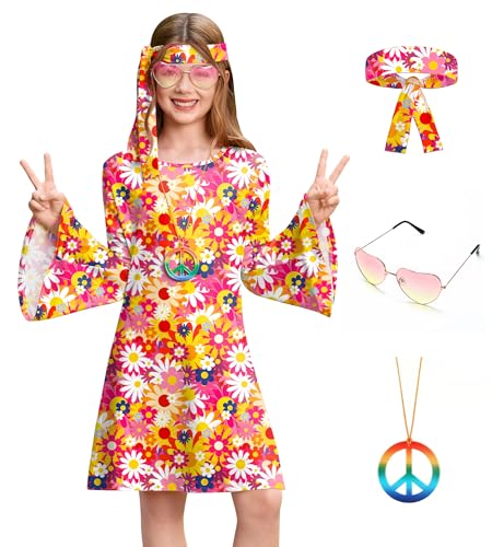 Big Girls Halloween Floral Hippie 70s 80s Bell Sleeve Outfit Party Dress with Sunglasses Pink 14 Years