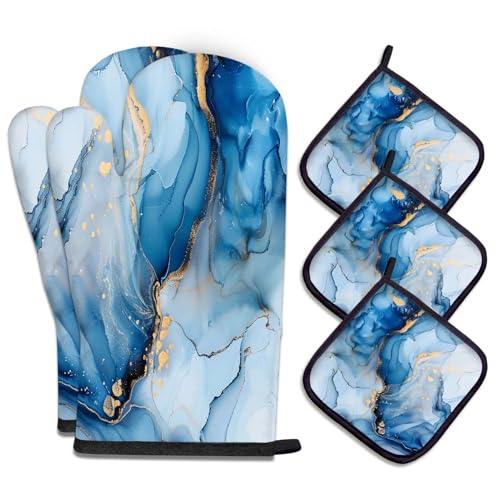 MCALK 5 Pcs Blue Oven Mitts and Pot Holders Sets, Marble Oven Gloves and Hot Pads for Kitchen Cooking, Modern Art Oven Mitt Potholder is Both Functional and Decorative