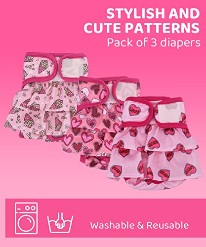 Enipoly Female Dog Diapers (3 Packs) High Absorbent Doggie Belly Bands Washable Reusable Puppy Wraps (Pattern Pink Hearts, French Fries), Small #TOP2
