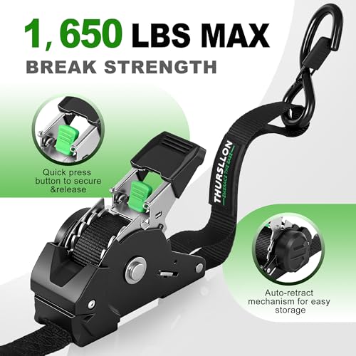 Image of Retractable Ratchet Straps (4-Pack) - 1 Inch x 10 Feet (1,650lb Break Strength) - Auto Self Retracting Tie Down Straps for Truck, Cargo Trailer, Motorcycle, ATV, UTV - Black