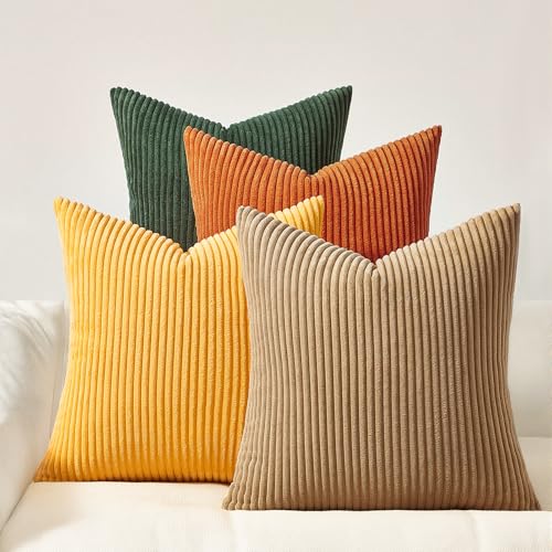 Image of Topfinel 16x16 Inch Set of 4 Green Rust Throw Pillow Covers Boho Farmhouse Cushion Covers Soft Corduroy Fall Home Decor for Couch Bed Sofa Living Room