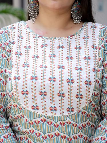 Image of YUFTA White And Green Printed Cotton Straight Plus Size Plus Size Kurta Trousers & Dupatta Set (9692PSKDWH )