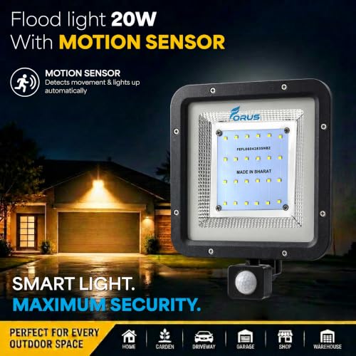 Image of Forus 20W LED Flood Light Amber with Motion Sensor Auto On Off Day Night Mode Waterproof Outdoor Security Light for Garden Parking Garage Factory Warehouse High Bright Floodlight 4Yr Warranty-1Pc