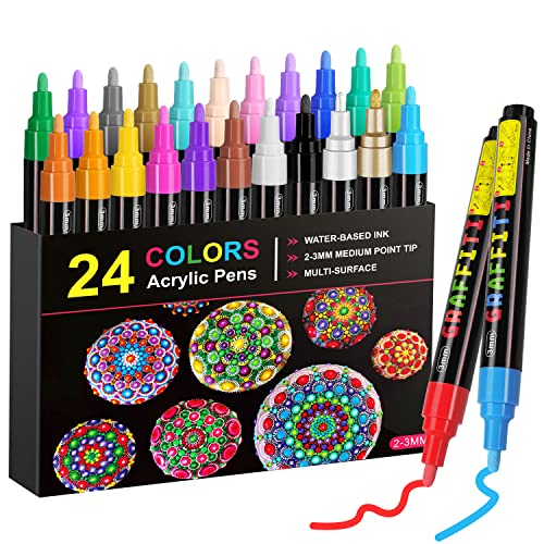 Emooqi Acrylic Paint Pens, Set of 24 Colors Paint Markers Pens for Rocks, Craft, Ceramic, Glass, Wood, Fabric, Canvas -Art Crafting Supplies
