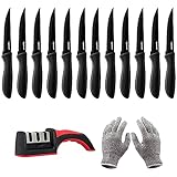 Cuisinart C55-6PCSBK Advantage 6-Piece Ceramic Coated Serrated Steak Knife Set, Black (2-Pack) Bundle with Deco Gear Safety Cut Resistant Gloves and Deco Essentials 3 Slot Manual Knife Sharpener