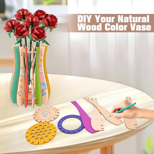 Image of Kaempe Wooden Vase Compatible for Lego Flowers Bouquet, 3D Wooden Puzzle Vase for Lego Botanicals, Daffodils, Sunflowers, Roses, Cherry Blossom, Tulips, Lotus (Style 3)