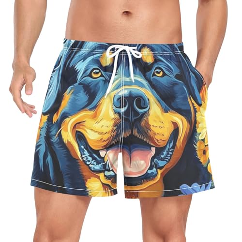 Mens Swim Trunks with Liner, Cute Dog Head Florals Cool Quick Dry Beach Swim Shorts, Swimwear Bathing Suits S