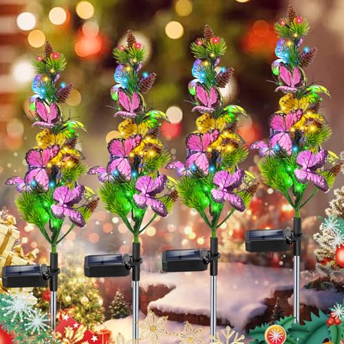 Solar Garden Lights Outdoor Waterproof Butterfly Stake Lights, 4 Pack Solar Lights Gifts for Mom Women Holiday Yard Front Porch Pathway Graveyard Cemetery Garden Patio Decor