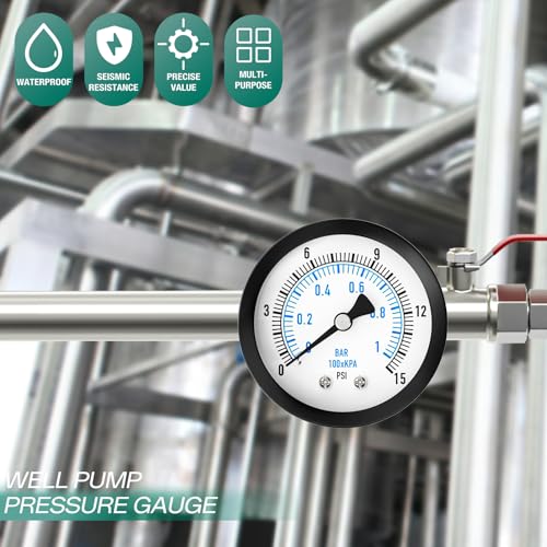 Image of 0-15PSI Well Pump Pressure Gauge 2 inch Dial Size, 1 /8 inch NPT Back Mount, 3-2-3% Accuracy, for Tube, Water Pump, Gas, Liquid, Pressure Test