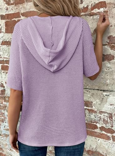 Image of Dokotoo Womens Summer Tops Waffle Knit Short Sleeve Lightweight Drawstring Hoodies Button V Neck Casual Blouses Shirts