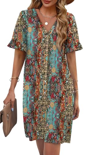 Image of OFEEFAN Summer Dresses for Women Ruffle Short Sleeve V Neck Casual Shift Dress with Pockets