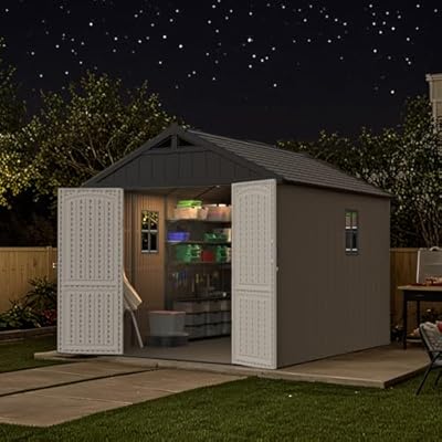 Patiowell 8 x 10 ft Outdoor Storage Shed with Floor and Light, Heavy Duty Resin Shed with Combination Lock, Easy-Assemble with Fewer Screws, All Weather Plastic Shed for Backyard, Patio, Garden, Pool