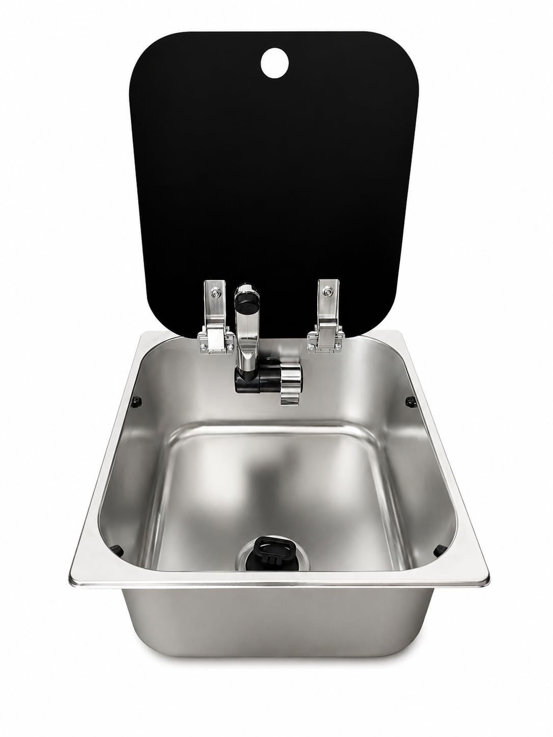 Kit fregadero caravana 32x35 con tapa + grifo Comet London 12V con interruptor + bomba 10 L/min + sumidero 90° + mangueras y toma 12V para furgoneta, caravana y autocaravana