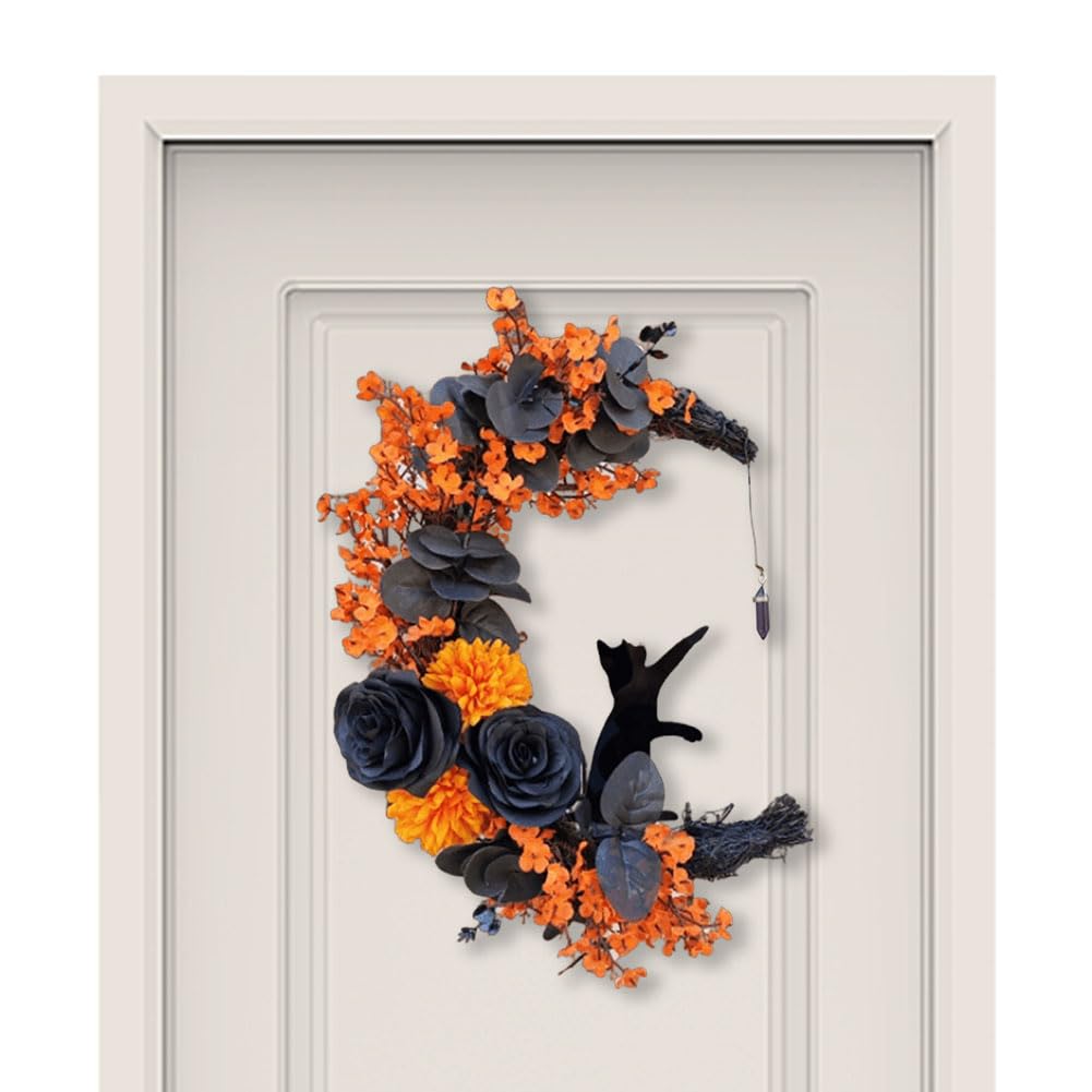 Halloween-Mondkranz mit schwarzer Katze, Halloween-Katzen-Türkranz, Halloween-Mond-Katzenkränze for Zuhause, Party, Fenster, Wand, drinnen und draußen