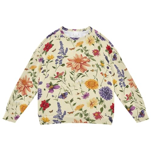 JUNZAN Fall Flowers Lavender Butterflies Beige Big Boys Hoodie Sweatshirt Long Sleeve Boys Sweat Shirt Athletic 4T