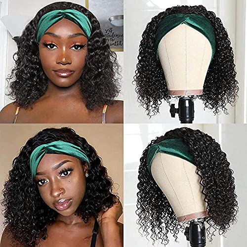 Headband Wigs Human Hair Deep Wave for Black Women None Lace Front Wigs Glueless Headband Wig Brizilian Virgin Hair Natural Black 150% Density (14")