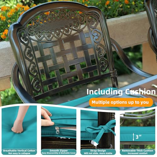 Image of MEETWARM 7-Piece Outdoor Patio Dining Set, All-Weather Cast Aluminum Patio Conversation Set with 4 Stationary, 2 Swivel Rocker Chairs, 1 Rectangular Table, 6 Cushions, 2 inch Umbrella Hole, Ocean Blue
