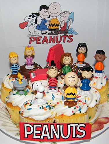 Peanuts Movie Classic Figure Set of 13 Mini Cake Toppers/Cupcake Decorations Party Favors with Snoopy, Woodstock, Dog House, Lucy, Linus Etc and Special Puffy Decorative Figure!