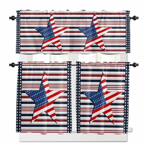 4th of July Kitchen Curtains 36 Inch Length,3 Piece Rod Pocket Small Half Tiers and Valance Set,Independence Day American Flag Star Striped Small Large Window Treatment Decor for Bedroom/Bathroom