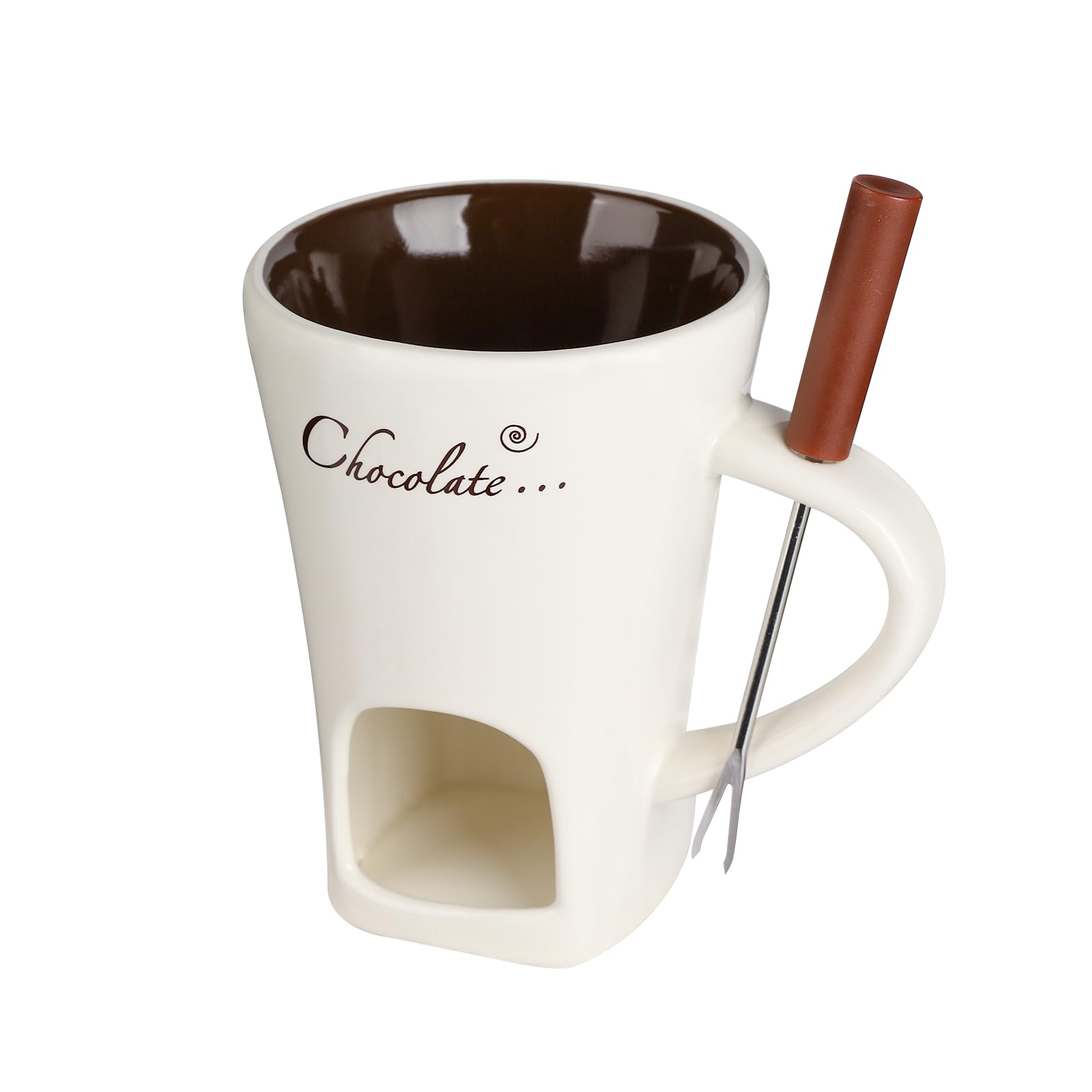 Ceramic Chocolate Fondue Mug - Melting Butter Pot with Fork, Cheese Warmer Cup, Butter Fondue Heated (White, NO CANDLE) 0808