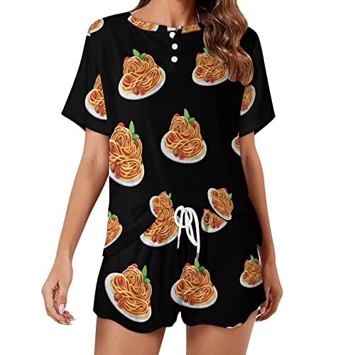 Italy Pasta Noodle Soft Womens Pyjamas Short Sleeve Pajamas Loungewear with Pockets Gift for Home Beach M