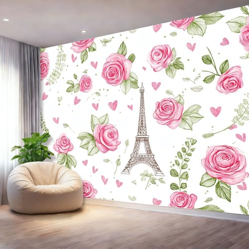Papel Tapiz Fotográfico Acuarela Rosas Arquitectura Parisina Papel Pintado Murales Póster Blanco Fotográfico Para Dormitorio Salón Tv Pared 250 x 175 cm