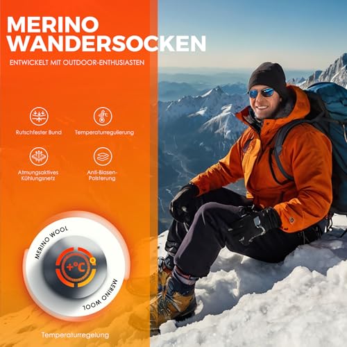 FALARY Merino Wandersocken Herren Damen,50% Merinowolle Sportsocken Thermo Socken Gepolstert,Trekkingsocken Outdoor Socken Laufsocken Warme Wintersocken Anti-Blasen 3 Paar – Bild 6