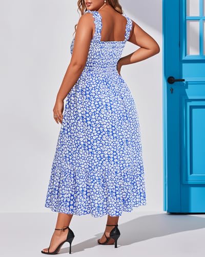 Image of Plus Size Summer Dress - Sun Boho Beach Casual Floral Spaghetti Strap Sleeveless Long Maxi Dresses