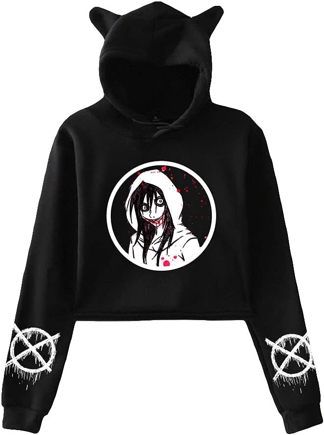 JYXSRZOCreepypasta Merch Crop Tops Hoodies Women Cat Ears Sweatshirt Kawaii Girl Tracksuit