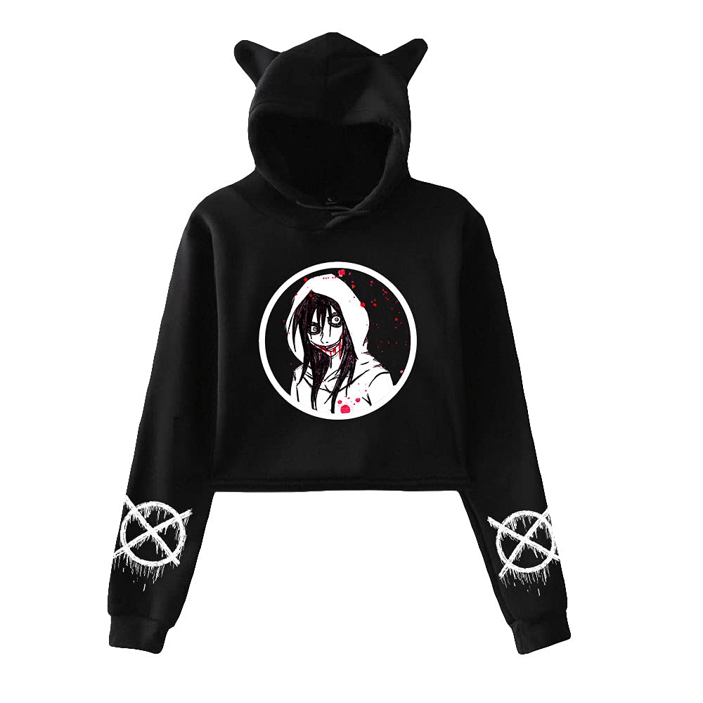 JYXSRZOCreepypasta Merch Crop Tops Hoodies Women Cat Ears Sweatshirt Kawaii Girl Tracksuit