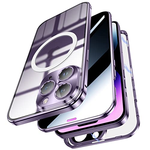 Jonwelsy Anti Peeping Case For Iphone 14 Pro Max, Double-Sided 360 Degree Protection Cover Compatible With Magsafe Anti Spy Privacy Glass Magnetic Adsorption Metal Bumper For 14 Pro Max (Deep Purple) #TOP6