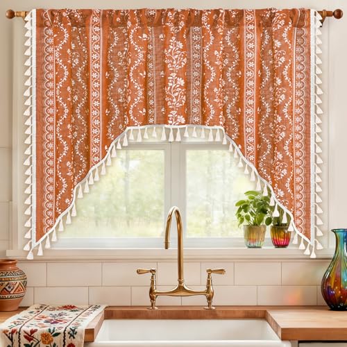 Image of Yinhua Boho Swag Valance Curtains Vintage Linen Valances for Windows Light Filtering Floral Kitchen Valance Rod Pocket Farmhouse Rustic Tassel Window Valances for Bathroom Cafe, 60 inch W x 36 inch L, Orange