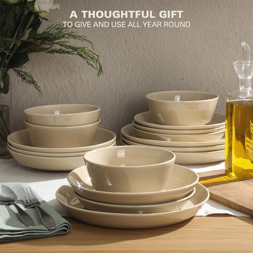 Image of Gibson Home Summer Shades 16 Piece Plates and Bowls Dishes Service for 4 Porcelain Dinnerware Set - Taupe