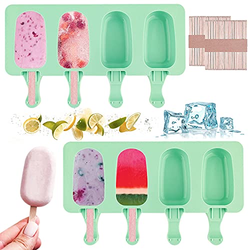 Ice Popsicle Molds, MAOOY Silicone Ice Pop Molds Set of 2, Upgraded Homemade Ice Cream Moulds for Children & Adult, with 100 Wooden Sticks (4-Cavity Oval, Green)