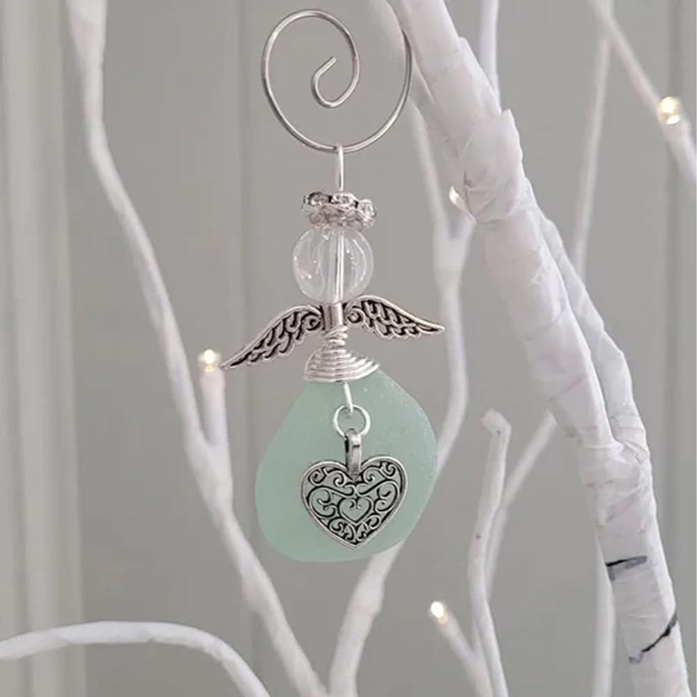 Sea Glass Angel Gift, Glass Guardian Angel Statue, Aqua Sea Glass Ornament with Angel Wing Charms, Holiday Tree Decoration, Memorial Keepsake (G)