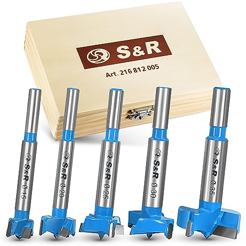 S&R Forstnerbohrer-Set für Holz 5-tlg, 15, 20, 25, 30, 35 mm in Holzbox, Forstner Bohrer mit ultrascharfen Wolframkarbid Hartmetall Schneiden, zuverlässige präzise Topfbohrer, Forstner-Bits