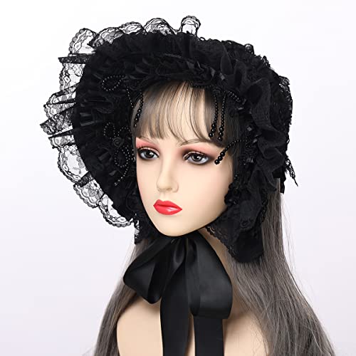 COSDREAMER Girls Women Victorian Bonnets Lace Flowers Tea Party Hats (Black) - Image 3