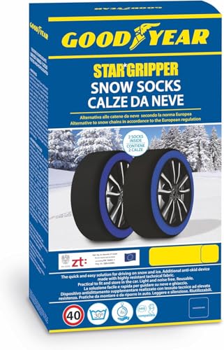 Goodyear Calze da Neve Star Gripper Omologate Italia EN 16662-1:2020 Due Catene da Neve in Tessuto per Auto, Snow Sock Taglia M, per R13 - R19 (Misure per Pneumatici Dettagliate all’Interno)
