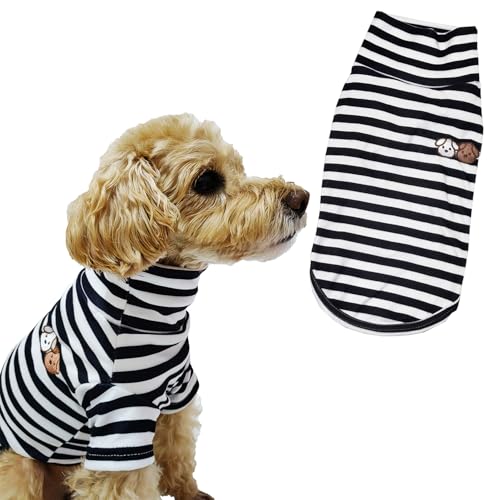 Turtleneck Dog Shirt Cute Doggie Embroidery Super Soft Dog Sweatshirt Stretchy Striped Puppy Pullover for Cats Small Medium Large Dogs (Black Striped, X-Large)