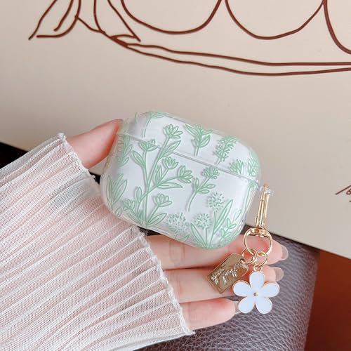 Image of MINSCOSE for AirPods Pro 3rd Generation Case (2025),Cute Flower Floral Aesthetic Design with Floral Keychain with Cleaner Kit for Girls Women for AirPods Pro 3-Green