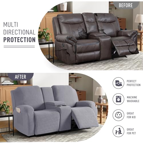 Image of KinCam Loveseat Recliner Covers with Middle Console Slipcover, Recliner Sofa Covers 2 Seat Couch Cover Stripe Jacquard Furniture Protector Covers with Elastic Bottom for Kids, Pets (Light Gray)