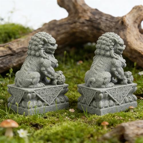 Image of livelyfish Asian Fu Foo Dogs Statues Mini Pair of Two Guardian Lion Sandstone Figurine Pets Fish Tank Aquarium Landscape Ornaments Accessories Feng Shui Decorations (M2)