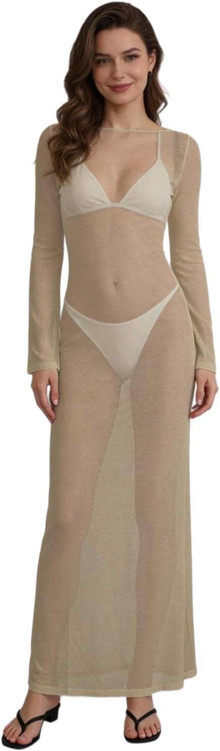 ZGMYC Women's Sexy Backless See Through Maxi Dress Bathing Suit Cover Up Knit Flared Long Sleeve Beach Dress Bikini Coverups