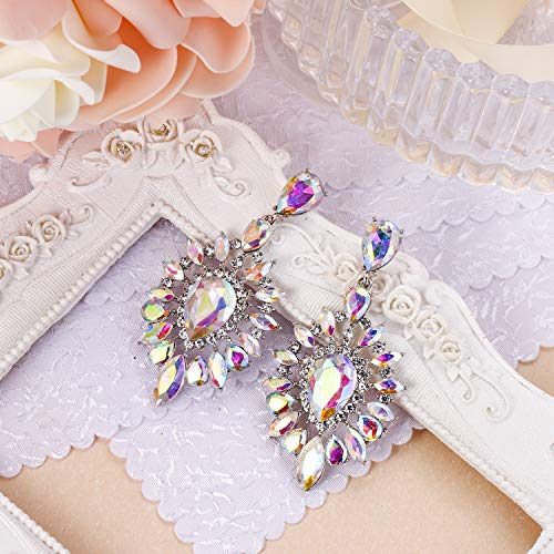 Brilove Fashion Trendy Statement Earrings For Women Crystal Teardrop Halo Chandelier Dangle Earrings Iridescent Clear Ab Silver-Tone #TOP2