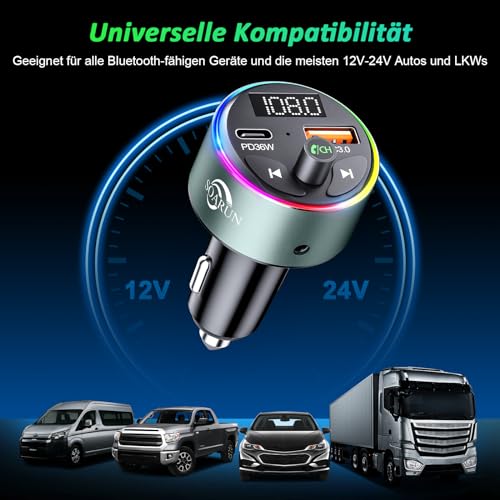 Bluetooth Adapter, SOARUN AUX Bluetooth 5.3 FM Transmitter Auto Radio 54W (PD 36W&QC 3.0 18W) Metall...