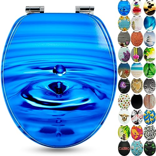 SANFINO® Premium WC Sitz mit Absenkautomatik – hochwertige Toilettendeckel aus Holz, viele bunte Motive, hoher Sitzkomfort, einfache Montage inklusive Montageanleitung – Waterdrop