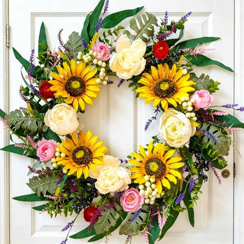 vivimemo 24 Inch Sunflower Wreath for Front Door Spring Summer Wreath with Peonies Lavender Eucalyptus Farmhouse Style Wreaths for Indoor Outdoor Wall Window Home Decor Wedding Party Festive Decor