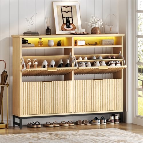 knoworld Fluted Shoe Storage Cabinet with 4 Flip Drawers, Narrow