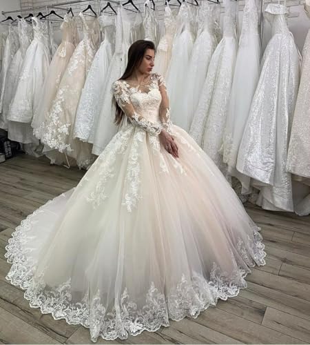 Youjiayi Long Sleeve Wedding Dresses for Bride Lace Appliques Wedding Gowns for Women Elegant Wedding Ball Gown with Train2