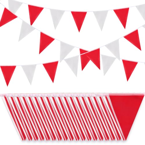 66ft 52pcs Waterproof Pennant Bunting Banner Reusable Polyester Fabric Triangle Flags Red White Banner for Party Decorations